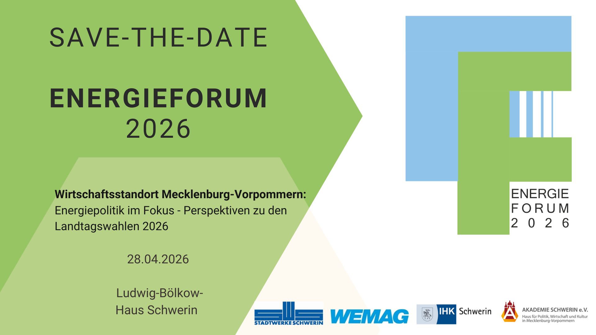 save the date - 13. Energieforum Mecklenburg-Vorpommern am 28.04.2026 in der IHK zu Schwerin